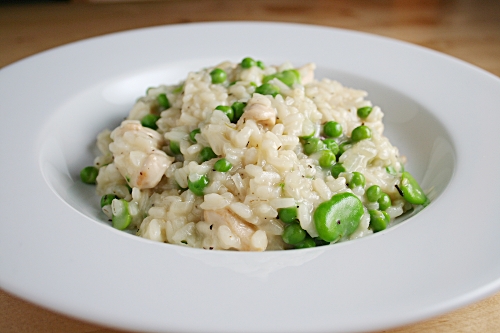 Chicken, broad bean and pea risotto